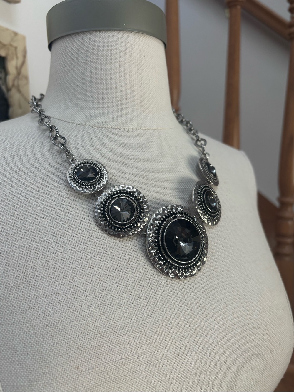 Silver Tone Statement Pendant Necklace with Black Gems